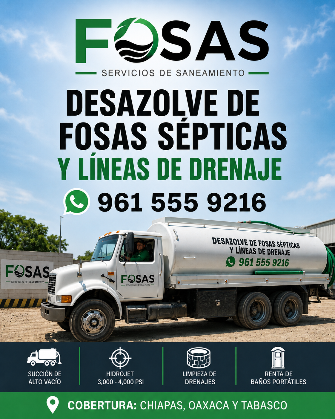 Anuncio vertical de servicios FOSAS con camión y datos de contacto actualizados